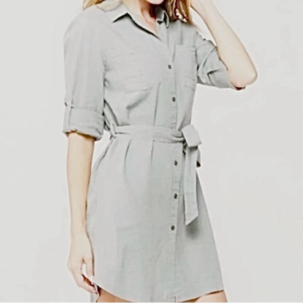 Anthropologie Cloth and Stone Button Down Tie Waist Shirt Dress Gray Green Large